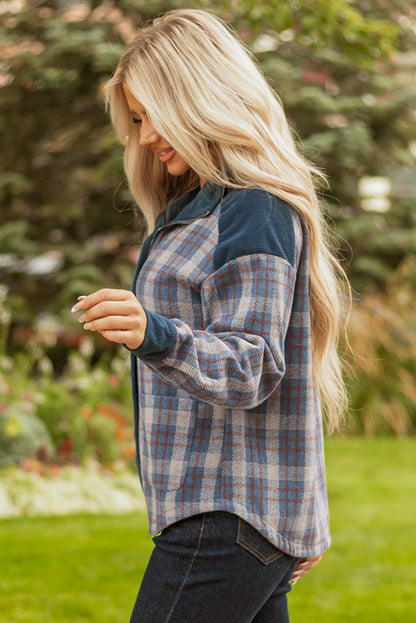 Plaid Corduroy Patchwork Zip-Up Snap-Button Jacket