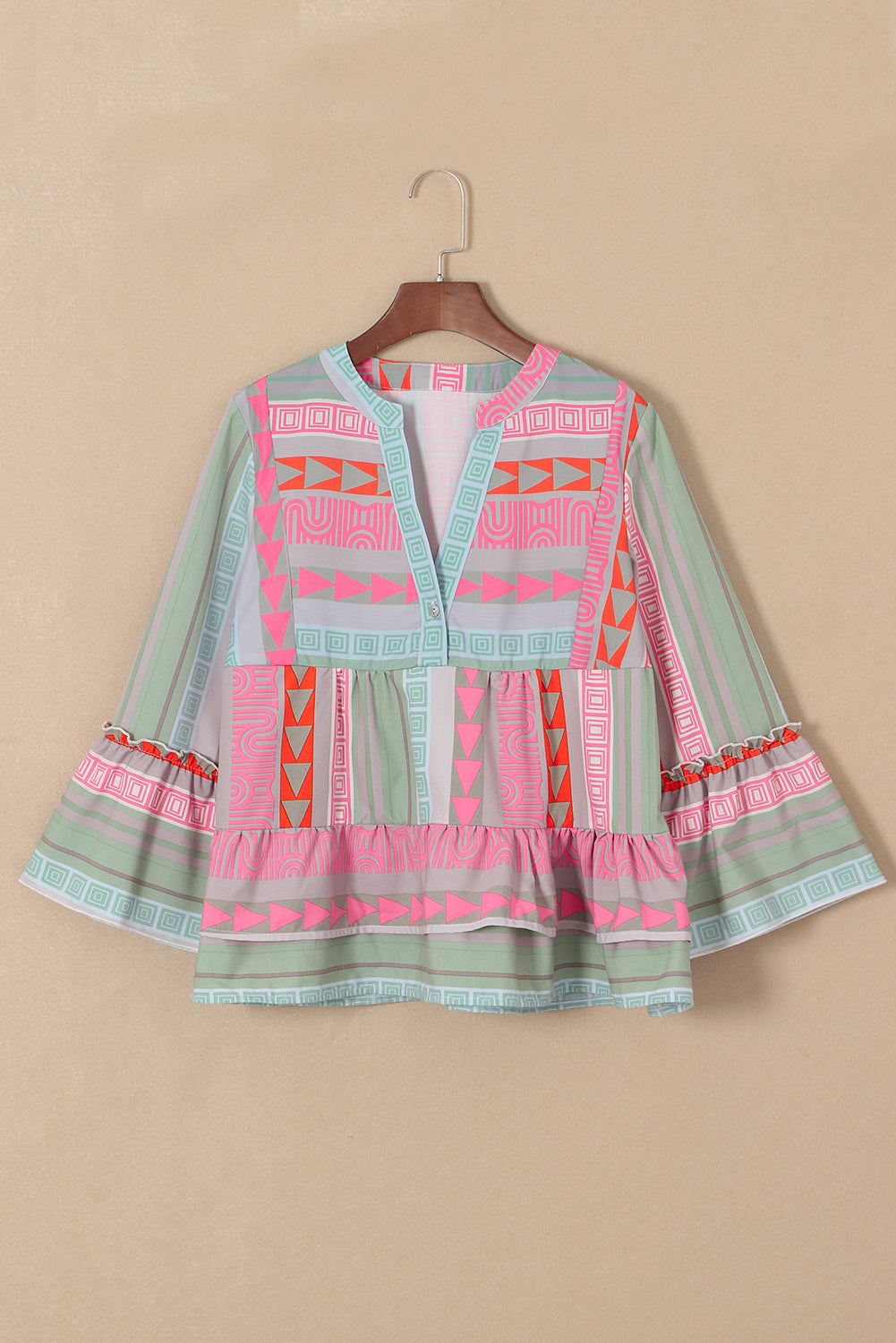 Boho Geometric Ruffle Blouse