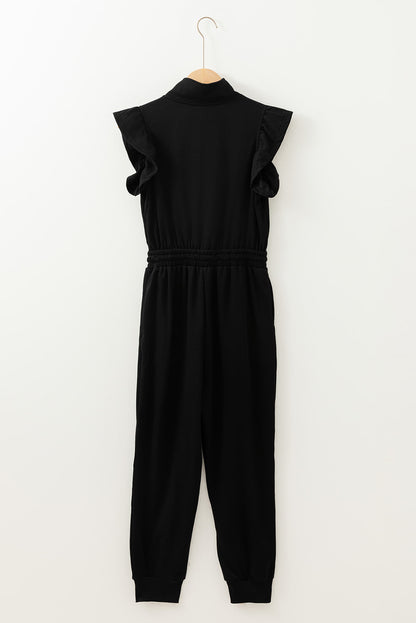 Solid Zipper Flutter Sleeve Jumpsuit