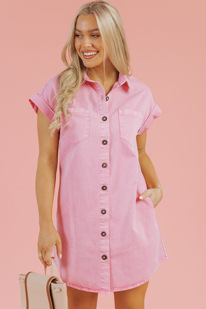Denim Short Sleeve Double Chest Pocket Shirt Dress