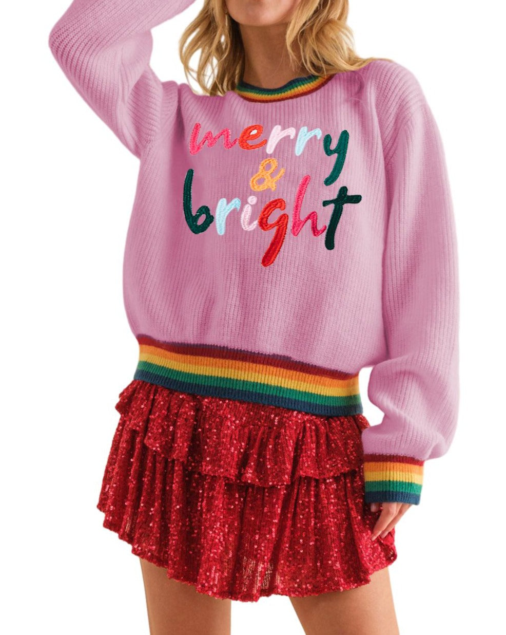 Glitter Merry & Bright Stripe Trim Sweater