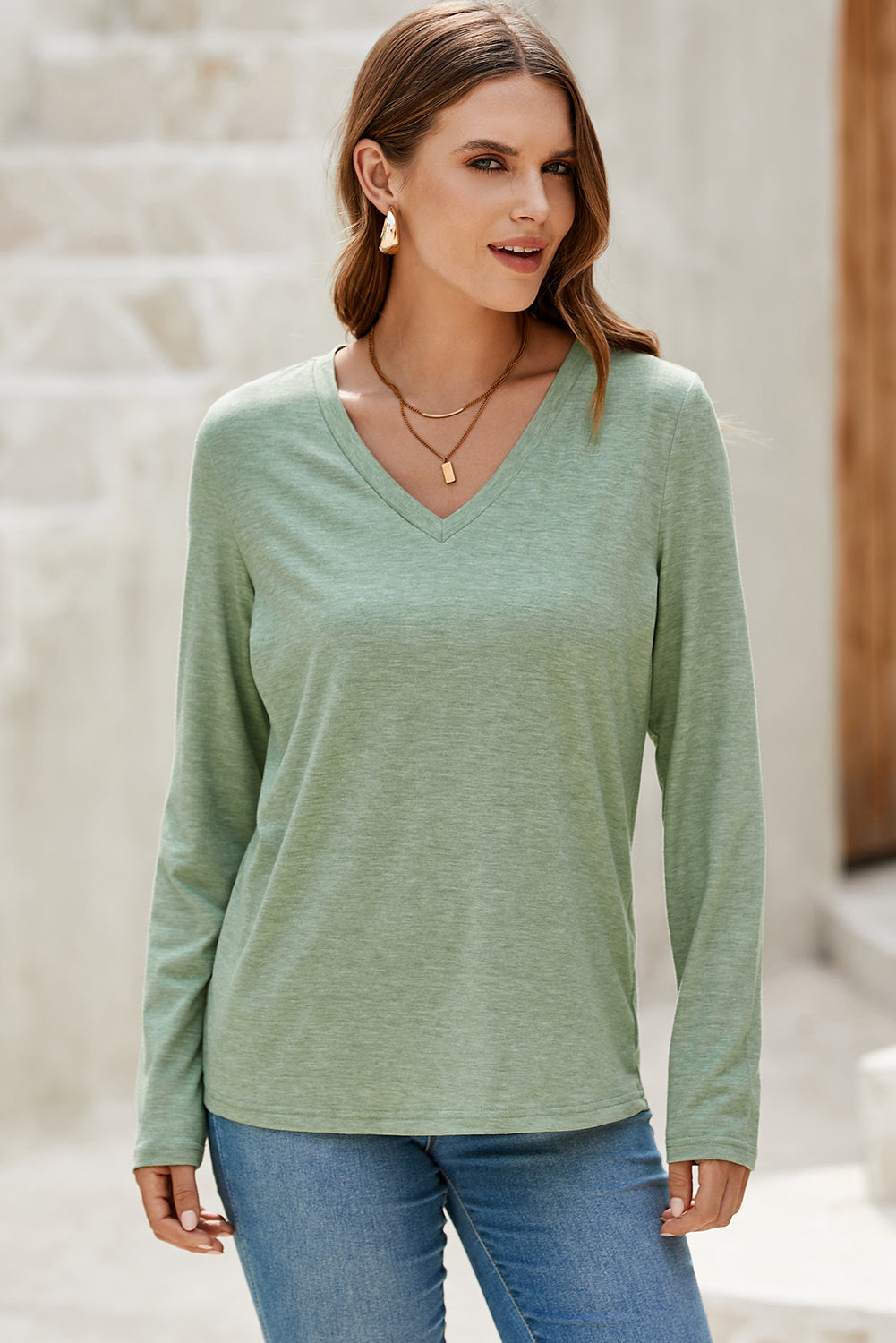 Solid V-Neck Long Sleeve Knit Top