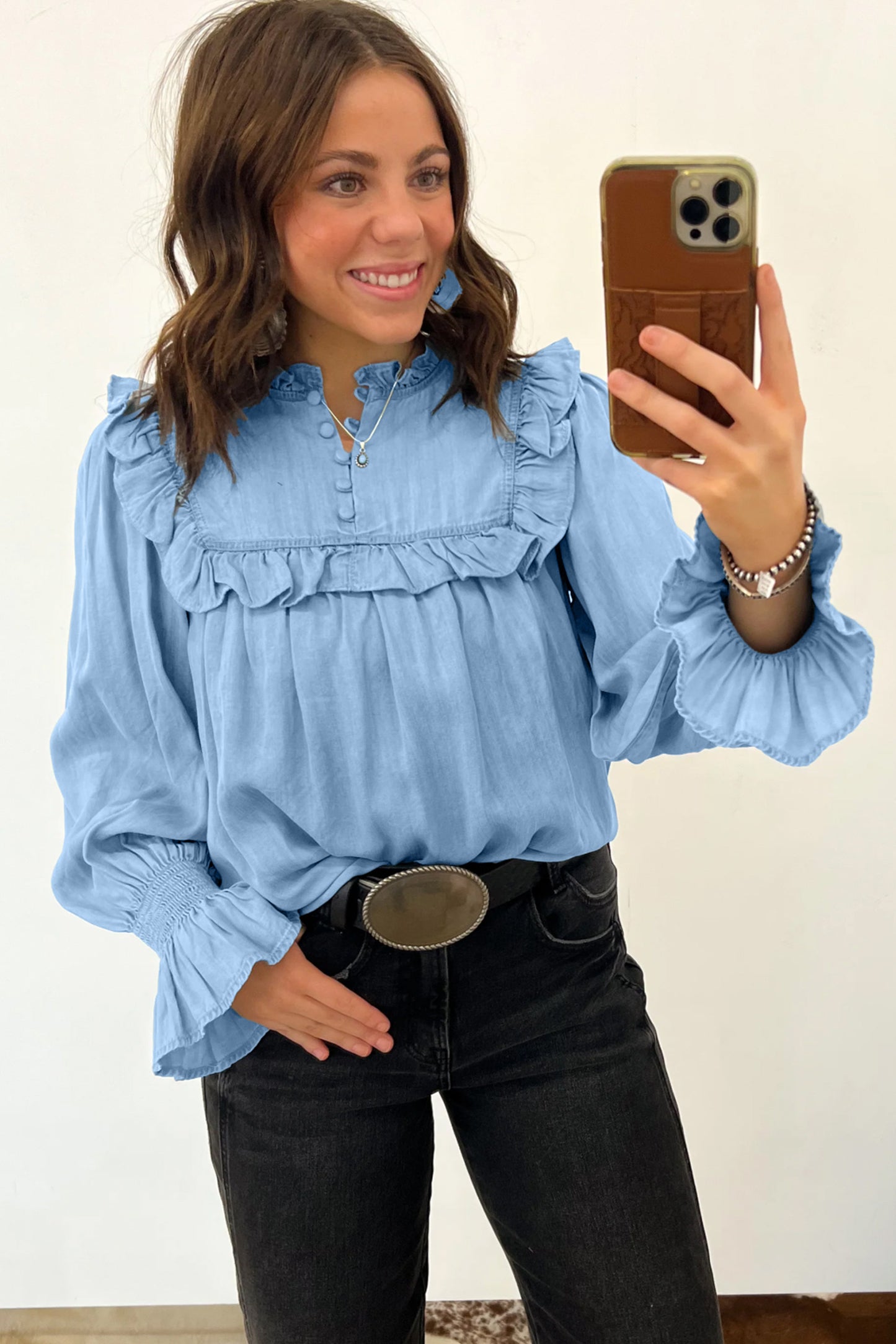 Western Denim Chambray Ruffle V-Neck Long Sleeve Blouse