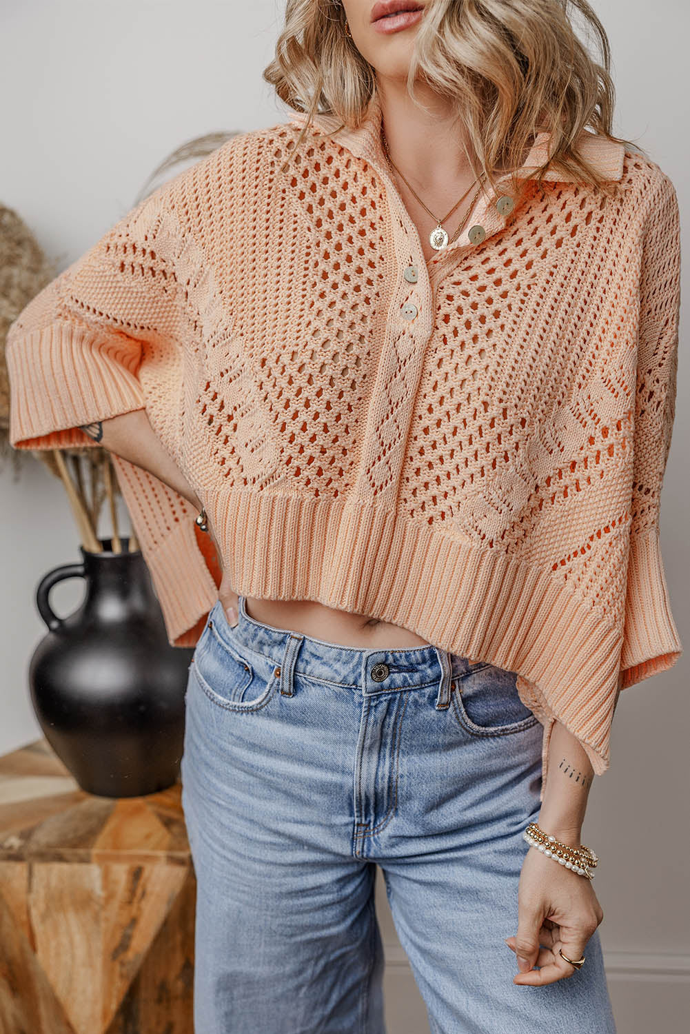 Hollowed Knit 3/4 Dolman Sleeve Sweater