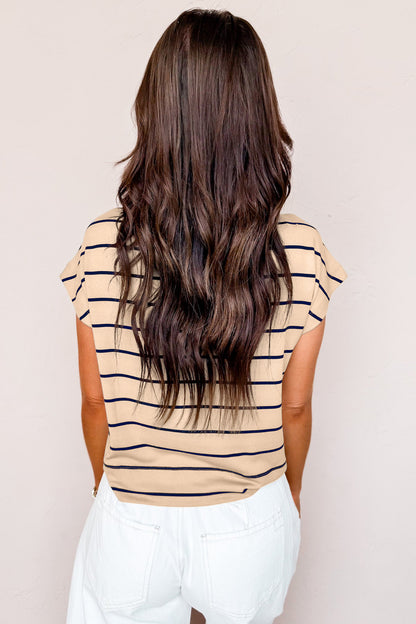 Stripe Mock Neck Short Sleeve Loose Top