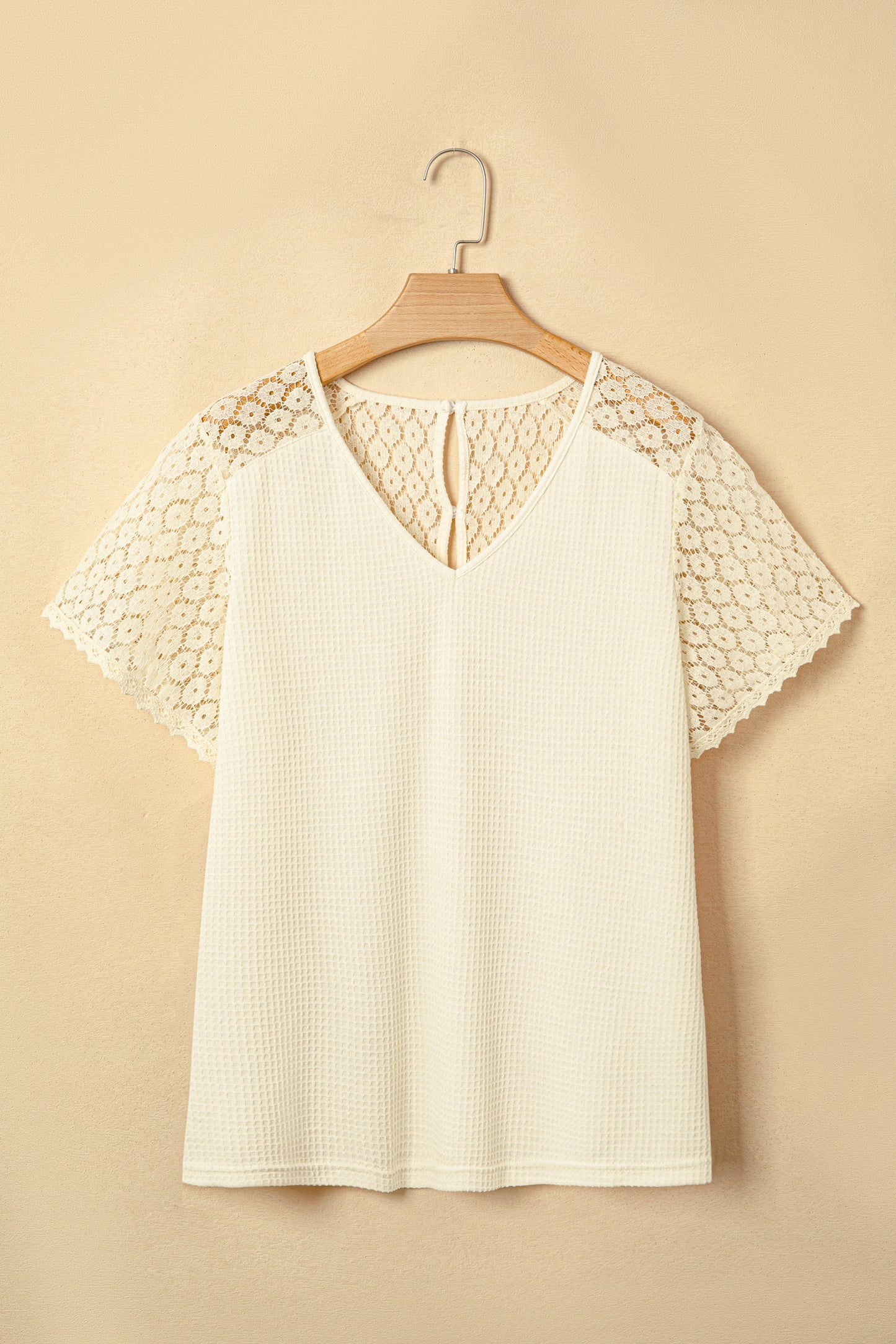Lace Patchwork Buttoned Cutout Waffle Knit Blouse