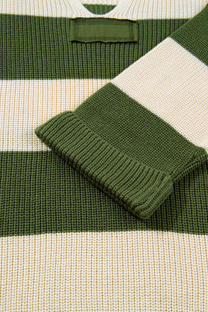 Plus Size Stripe Colorblock Notched Neck Sweater