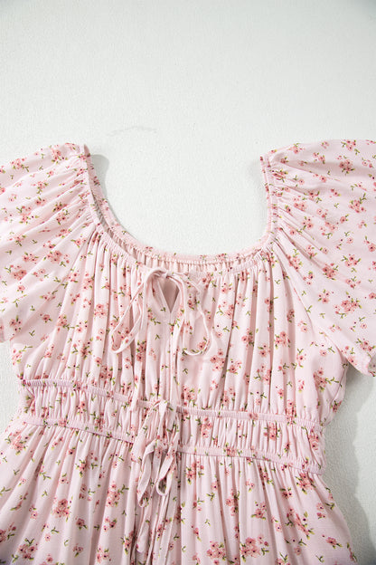 Floral Front Tie Shirred Waist Ruffle Mini Dress