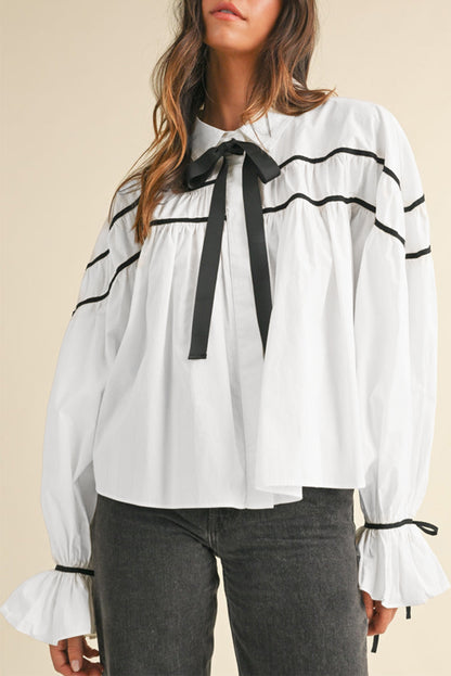 Stripe Ribbon Bow Puff Sleeve Shirt