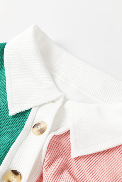 Colorblock Collared Ribbed Patchwork Pocketed Sweatshirt