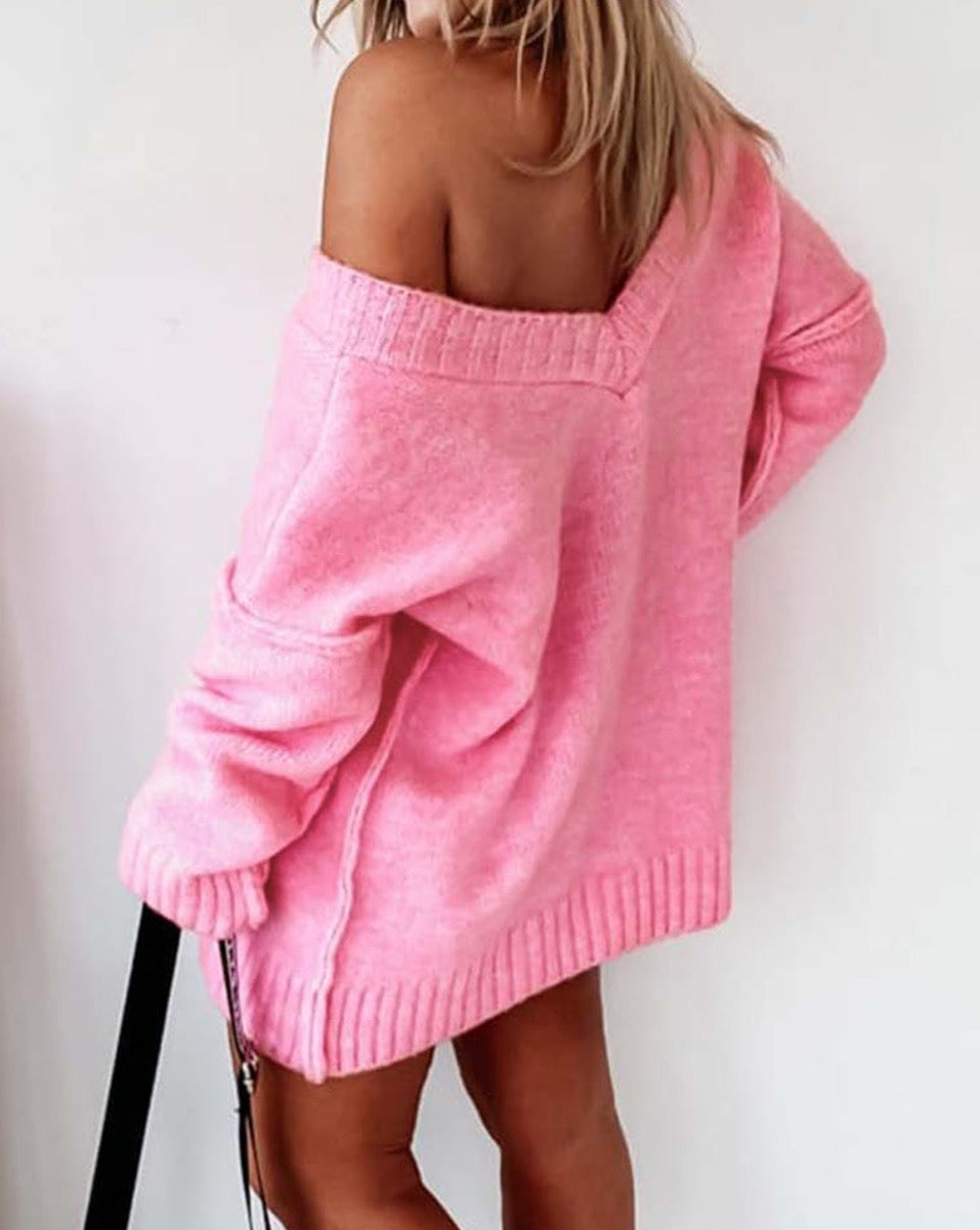 Ribbed V-Neck Exposed Seam Sweater