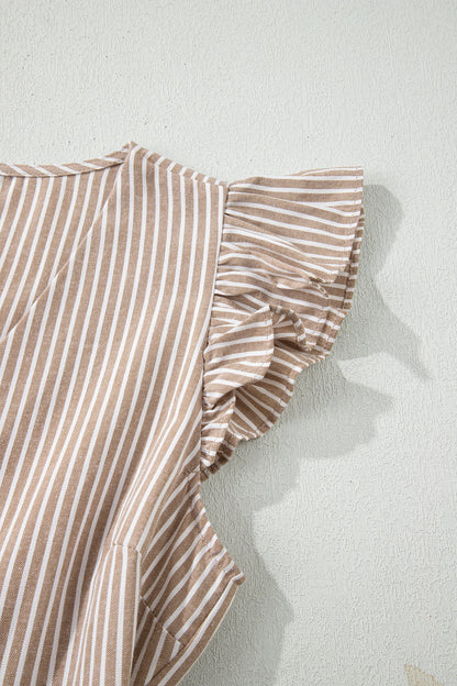 Stripe Flutter Sleeve Buttoned V-Neck Maxi Dress