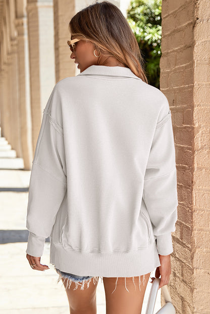 Solid Collared Drop Shoulder Side Slit Sweatshirt