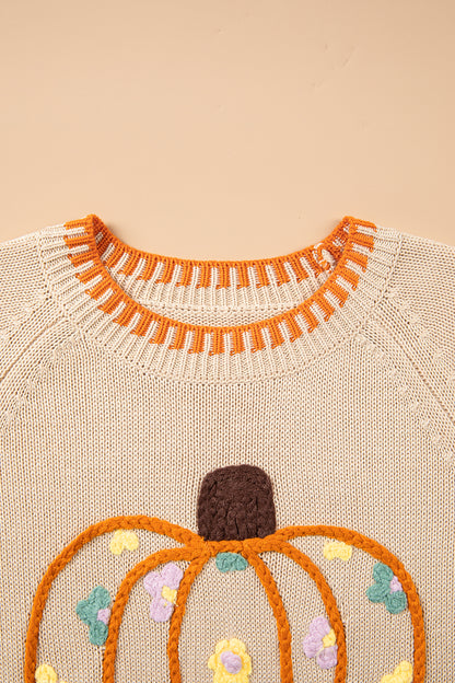 Pumpkin Floral Embroidered Round Neck Sweater