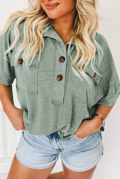 Collared Short Sleeve Buttoned Blouse