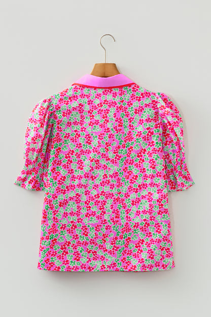 Floral Collared V-Neck Puff Sleeve Top