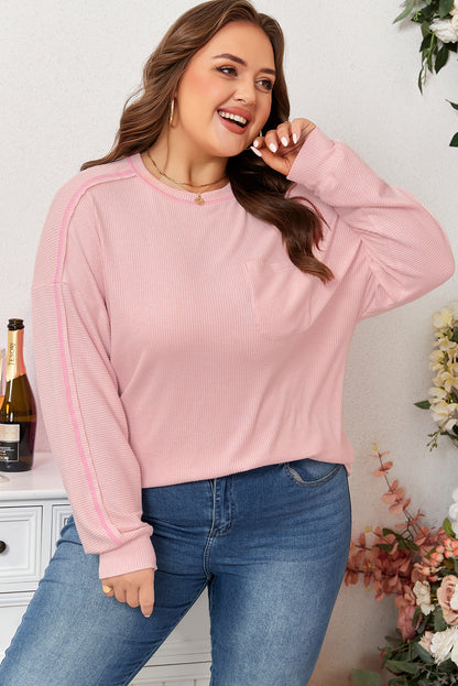 Plus Size Solid Ribbed Reverse Seam Chest Pocket Top