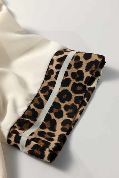 Leopard Patchwork Trim Split Neck Blouse