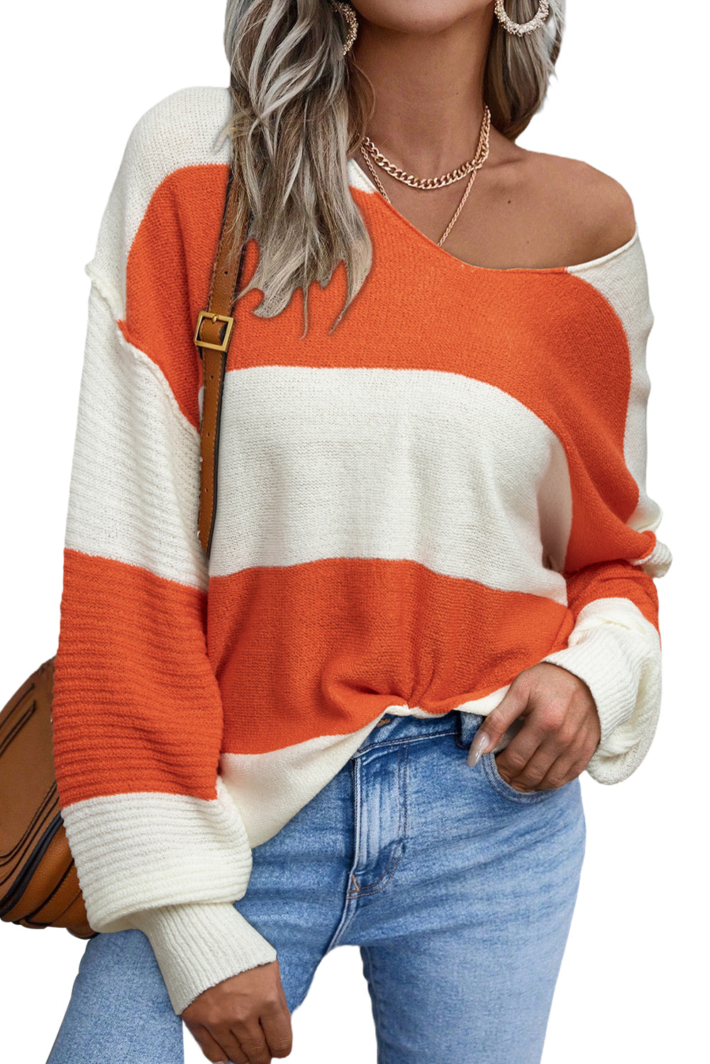 Stripe Ribbed Patchwork V-Neck Sweater