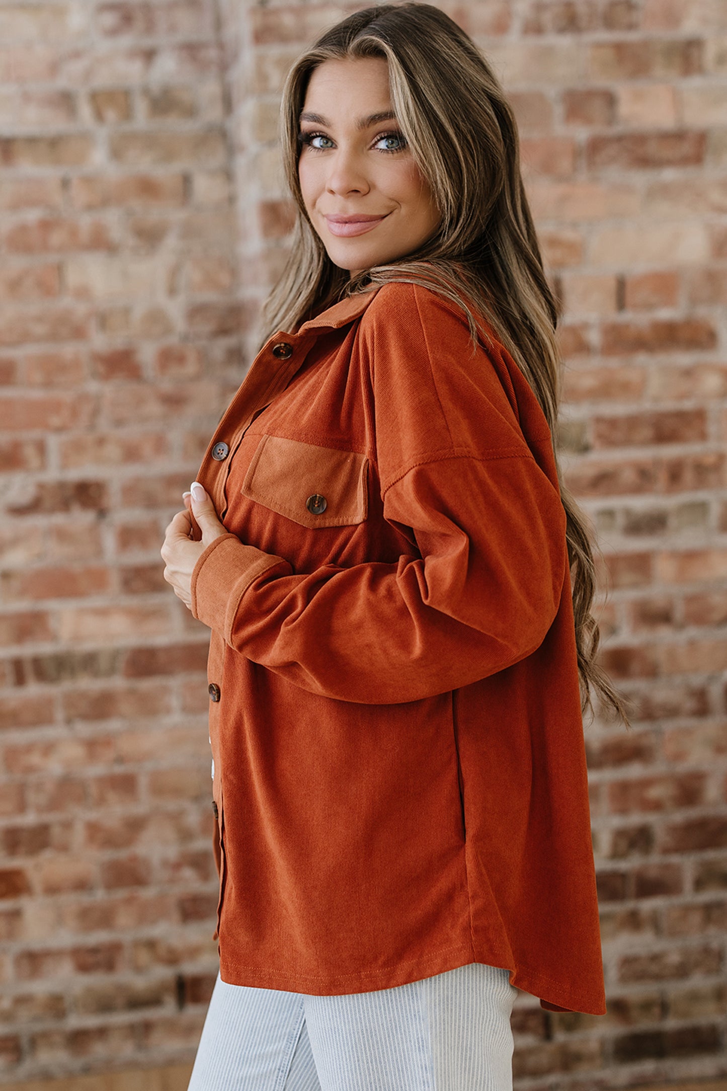 Velvet Button-Up Flap Pocket Drop Shoulder Shacket