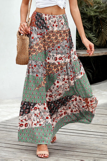 Boho Floral Patchwork Smocked Waist Maxi Skirt