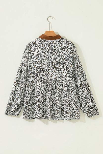 Plus Size Leopard Contrast Trim Puff Sleeve Blouse