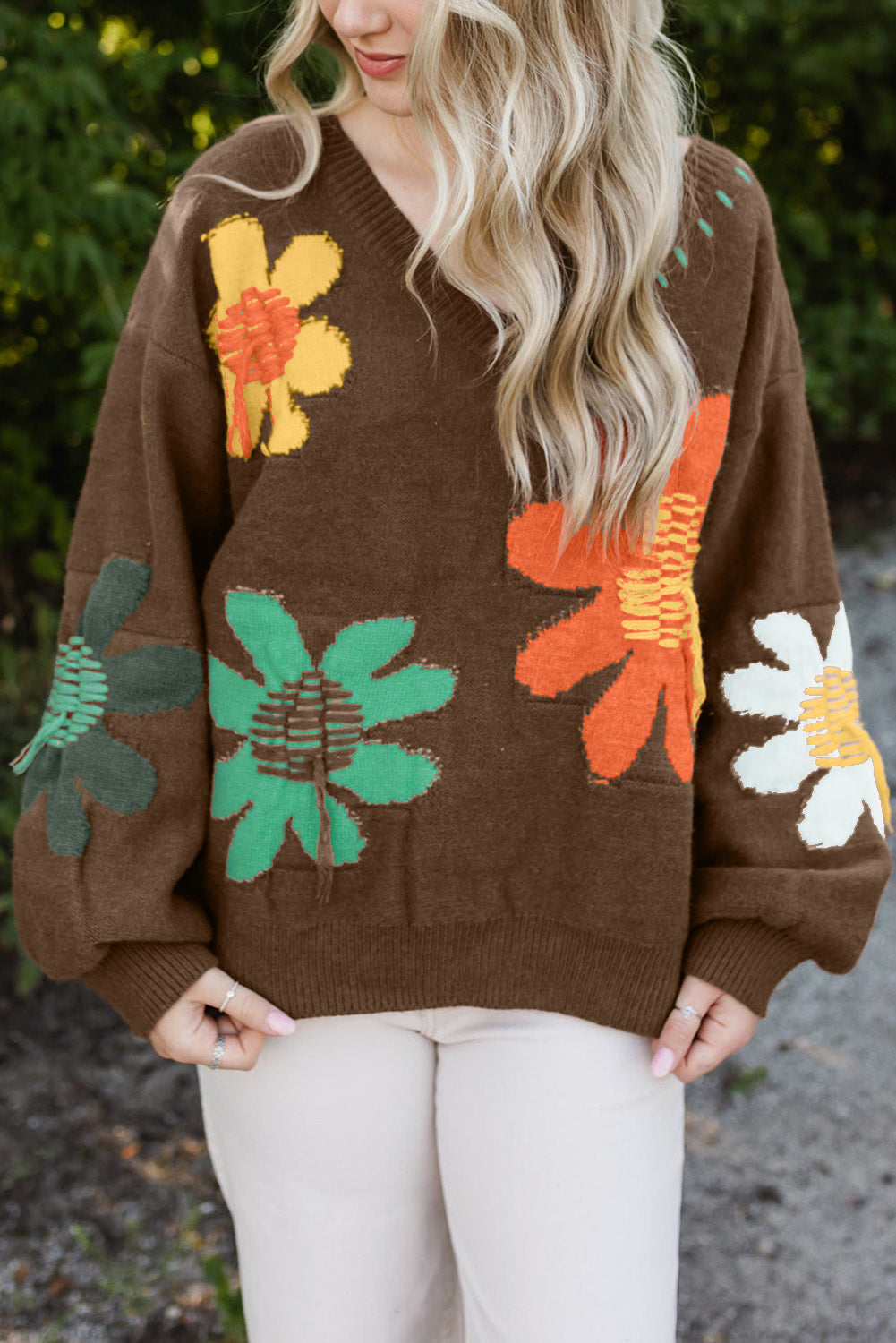 Floral V-Neck Drop Shoulder Sweater