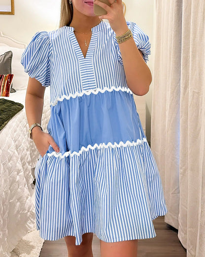 Stripe Ric-Rac Bubble Sleeve Dress