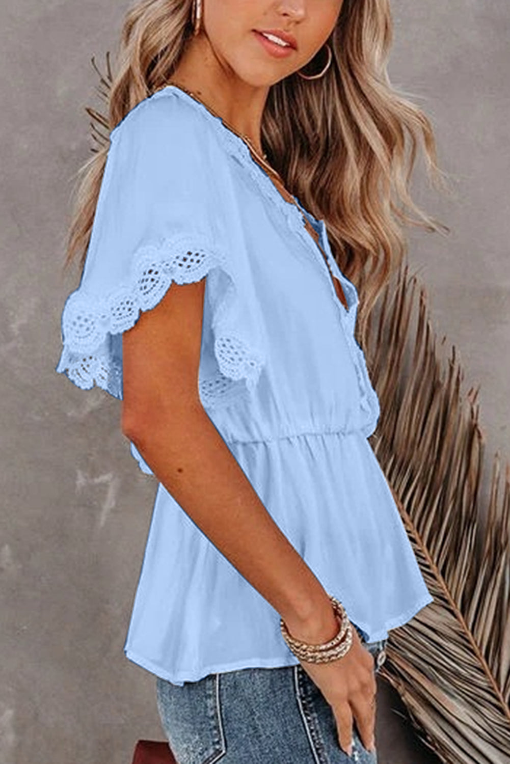 Lace Trimmed Short Sleeve Blouse