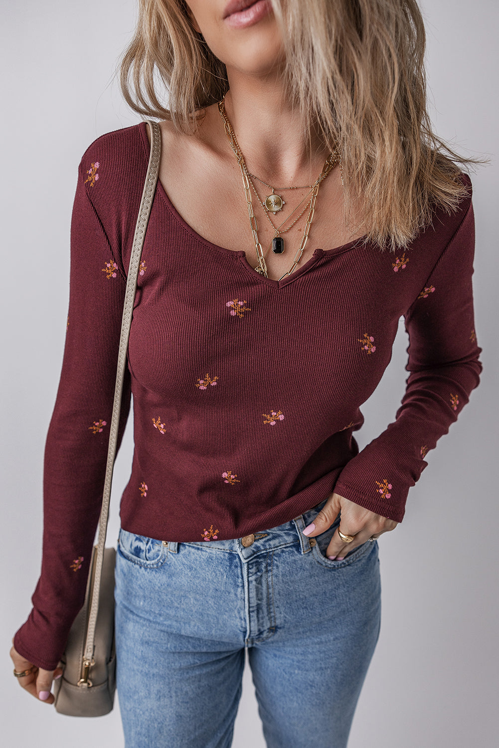 Floral Ribbed Notched Neck Long Sleeve Top
