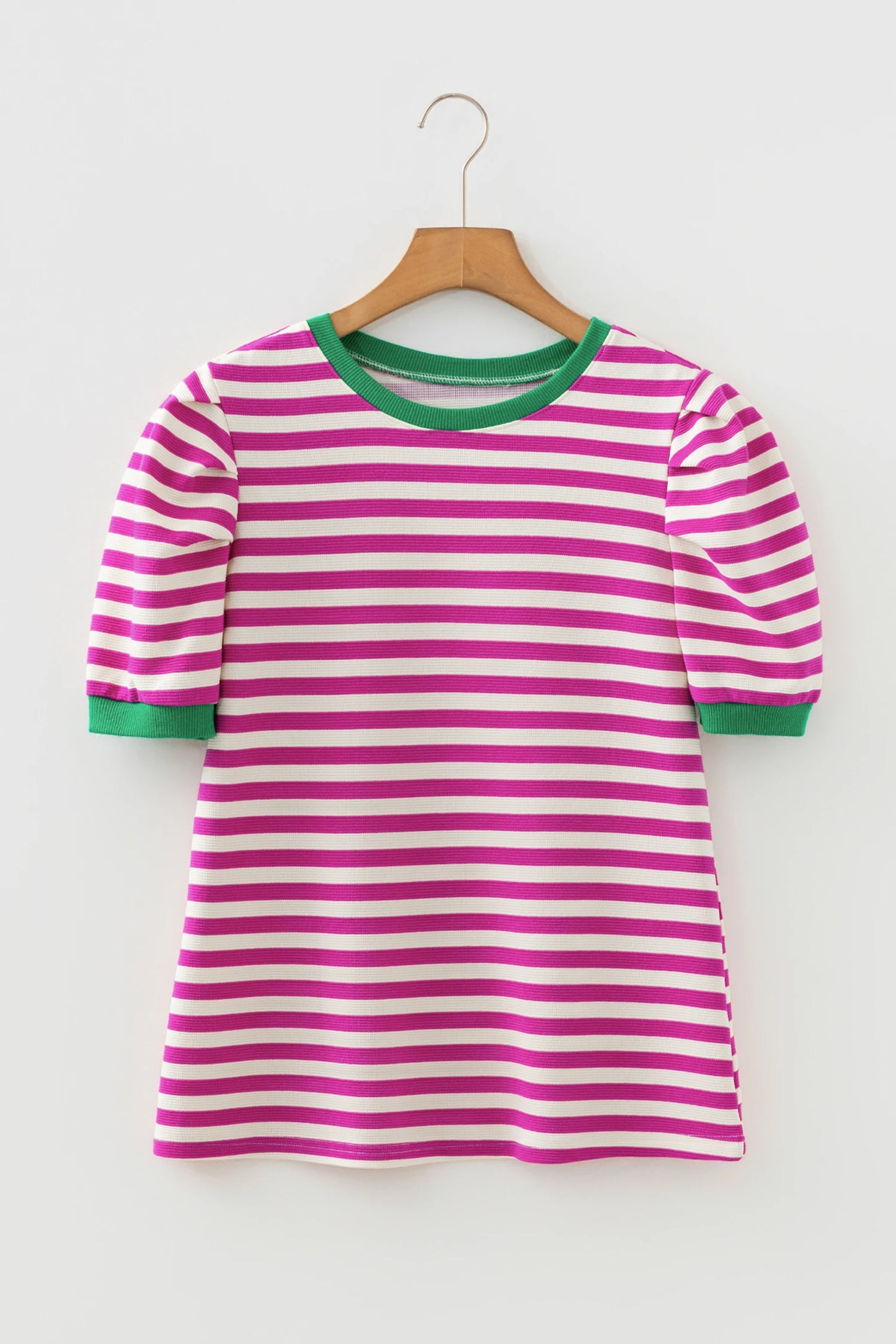 Stripe Contrast Trim Short Puff Sleeve Tee