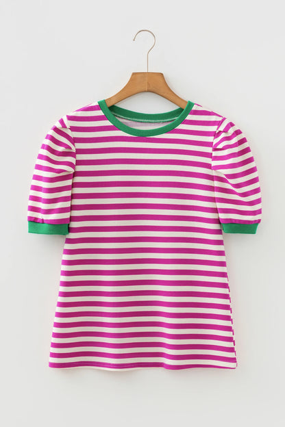 Stripe Contrast Trim Short Puff Sleeve Tee