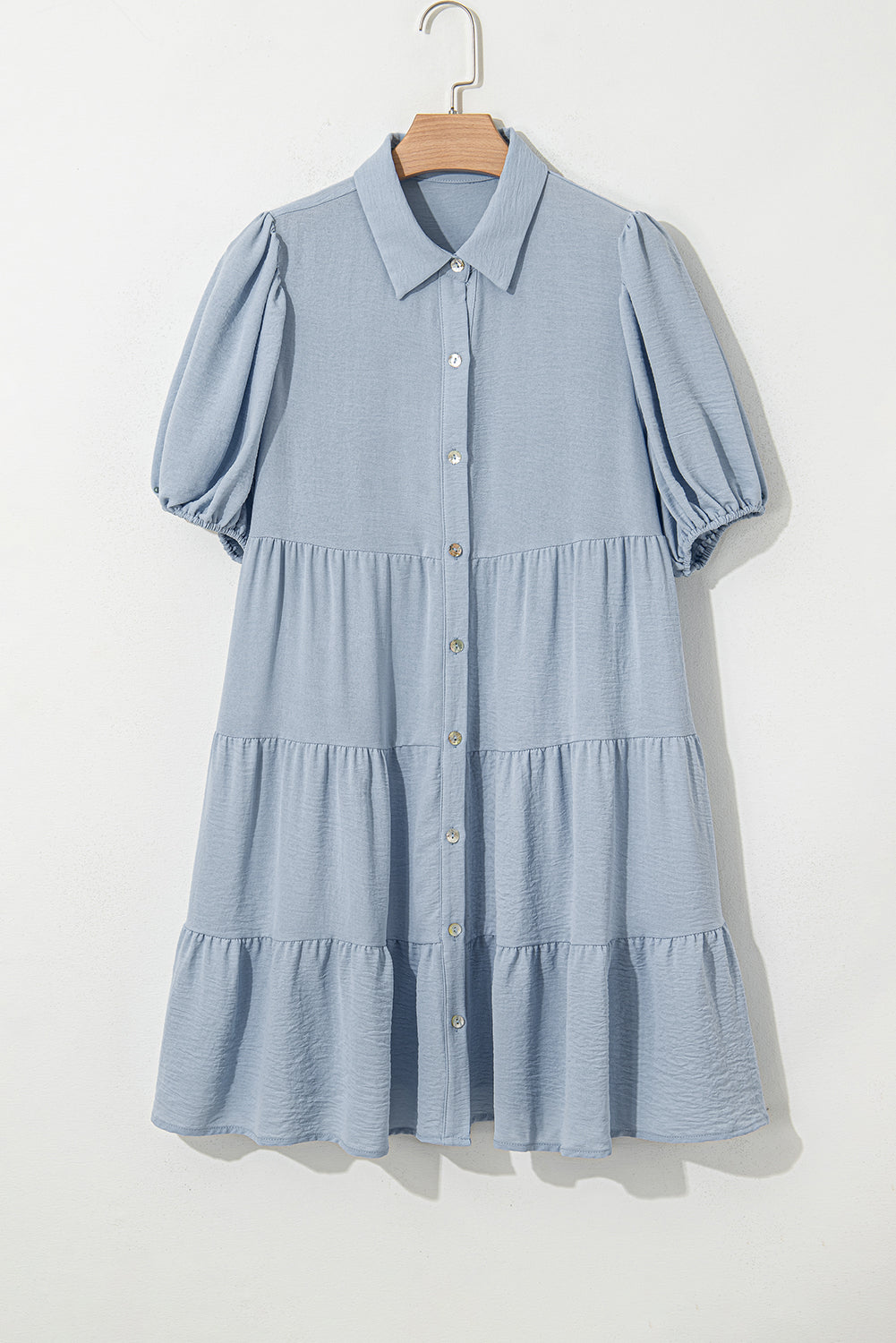Solid Button-Up Collared Tiered Dress
