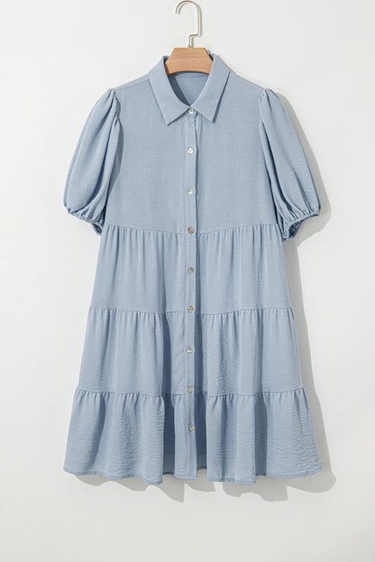 Solid Button-Up Collared Tiered Dress