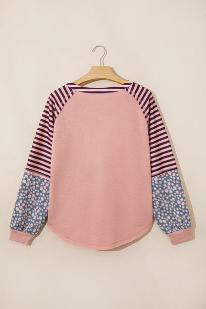 Colorblock Stripe Floral V-Neck Long Sleeve Top