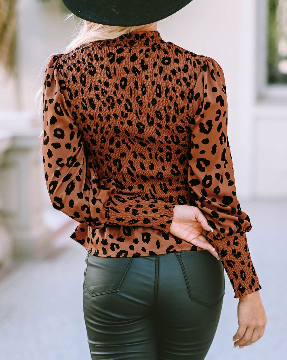 Leopard Smocked Puff Sleeve Top