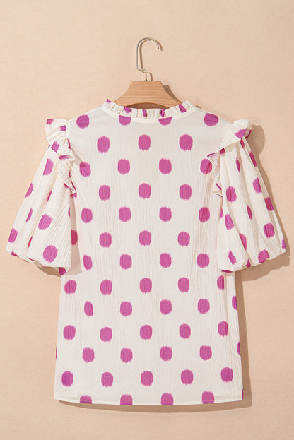 Polka Dot Shirred Notched Neck Balloon Sleeve Blouse