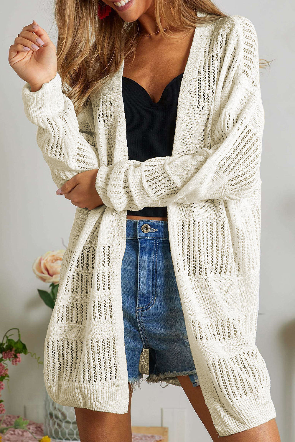 Solid Hollowed Knit Tunic Cardigan