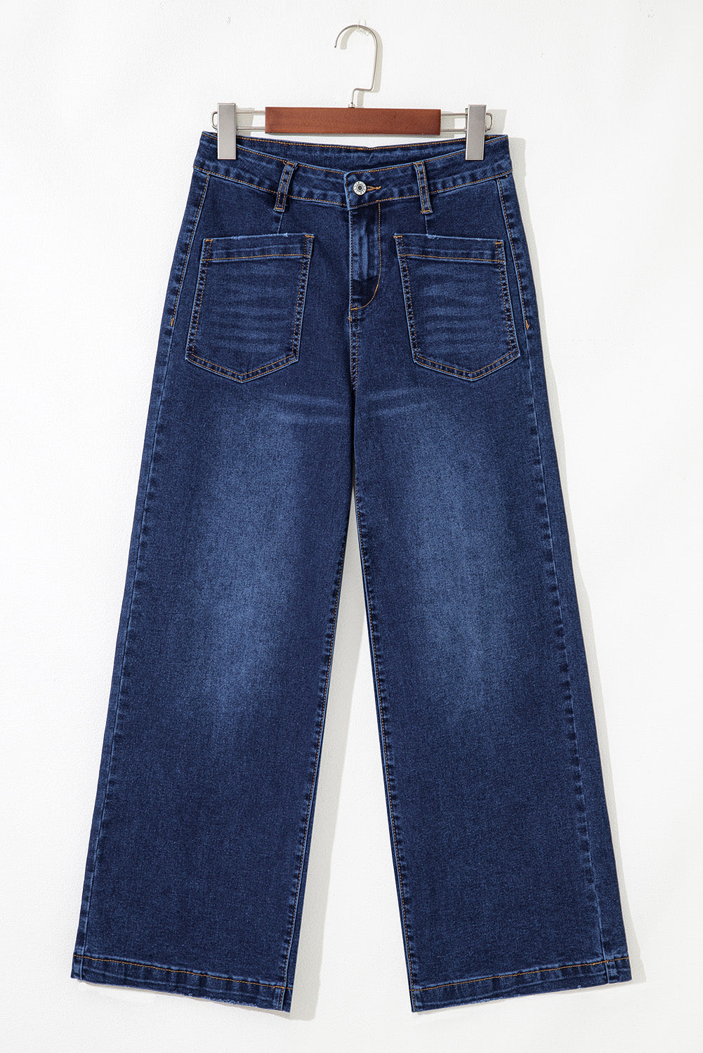 Denim High Waist Patch Pocket Straight Leg Jeans