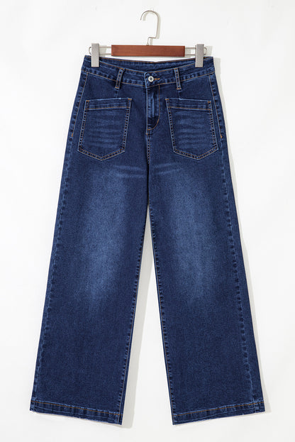 Denim High Waist Patch Pocket Straight Leg Jeans