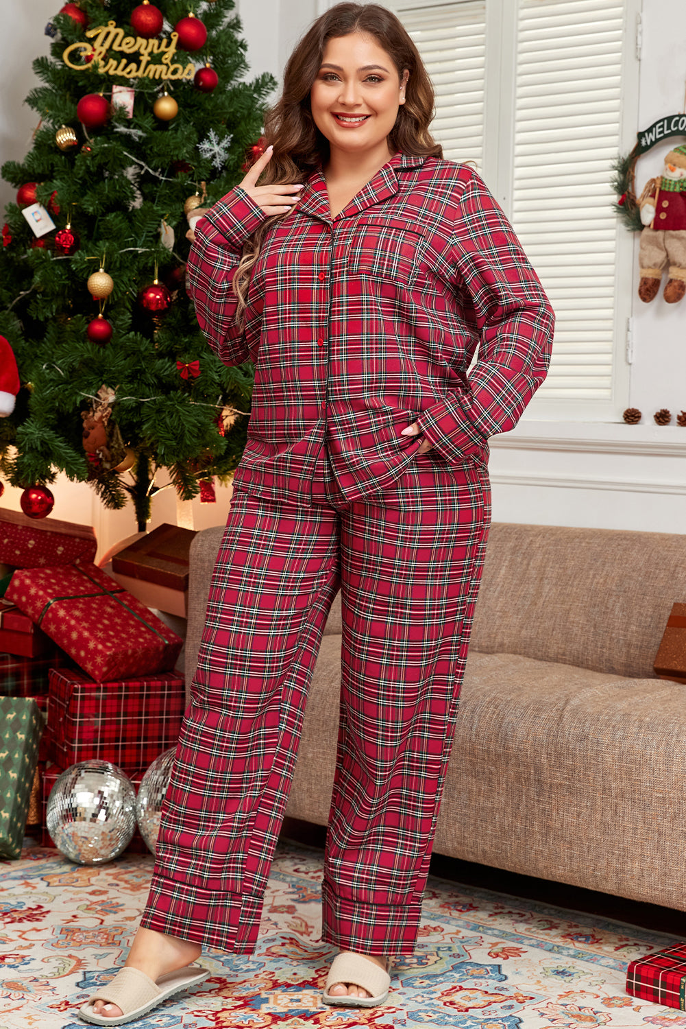 Plus Size Christmas Plaid Shirt and Pants Lounge Set