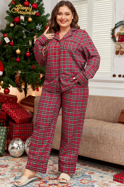 Plus Size Christmas Plaid Shirt and Pants Lounge Set