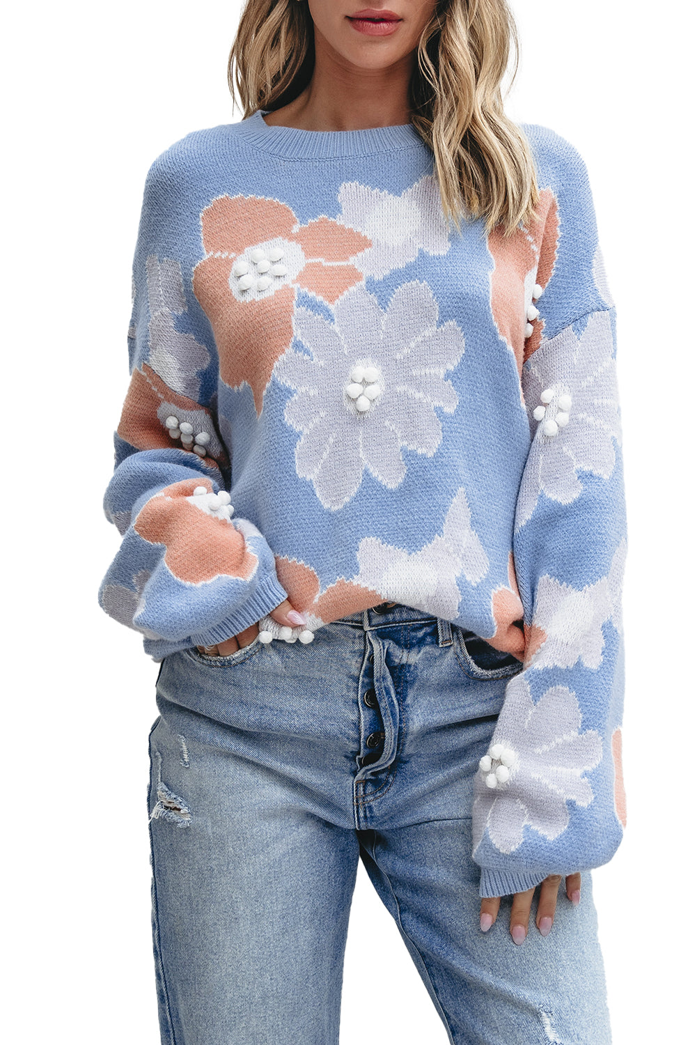 Floral Knit Drop Shoulder Sweater