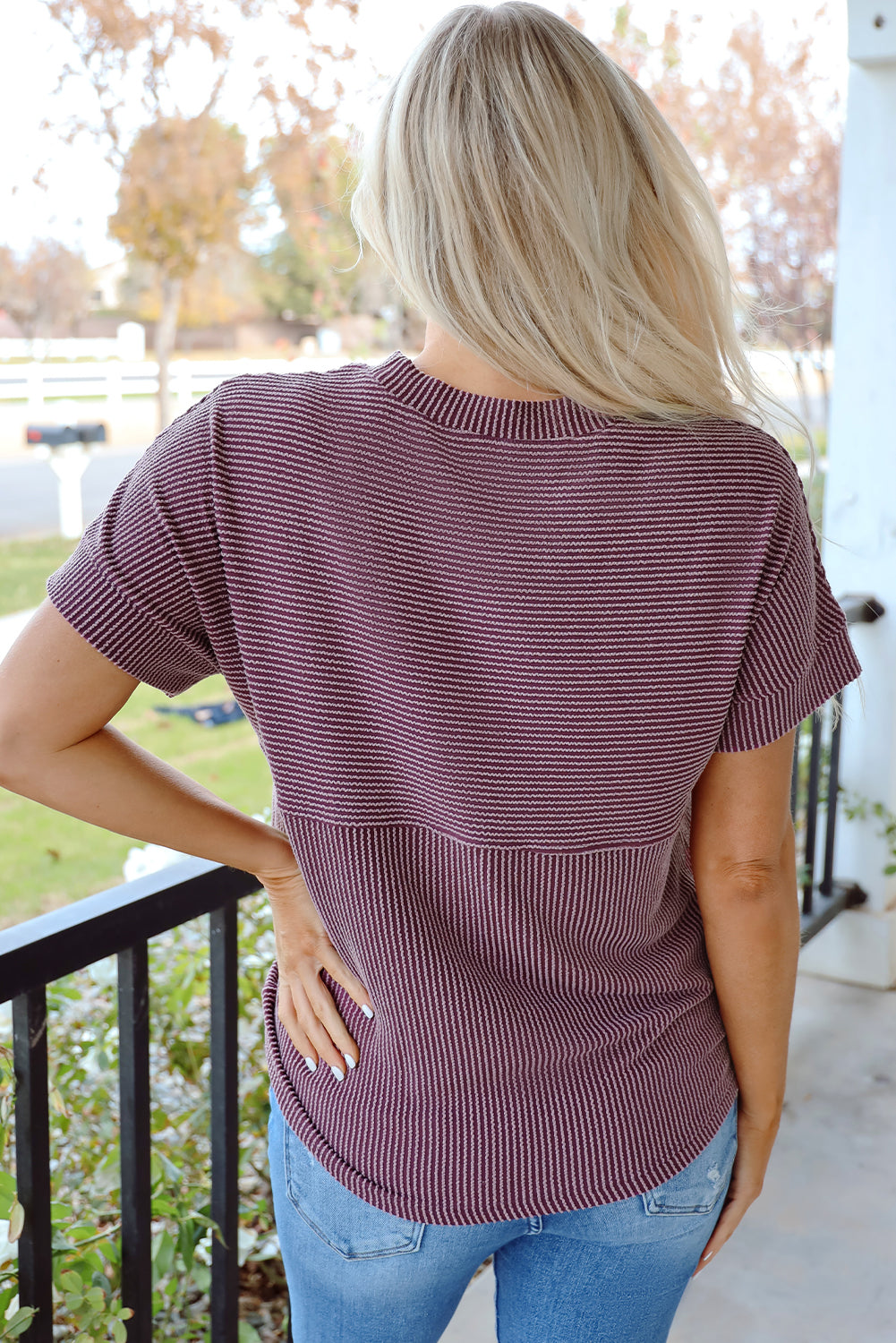 Solid Corded Knit Mock Neck T-Shirt