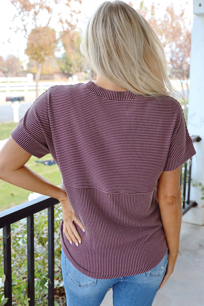 Solid Corded Knit Mock Neck T-Shirt