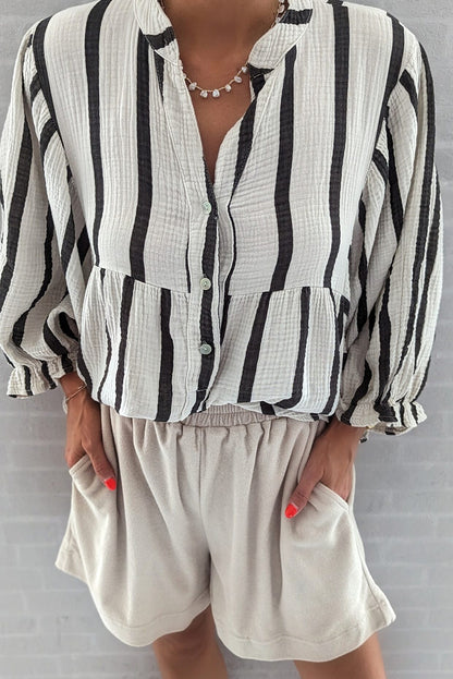 Stripe Ruffle Sleeve Buttoned Shirt