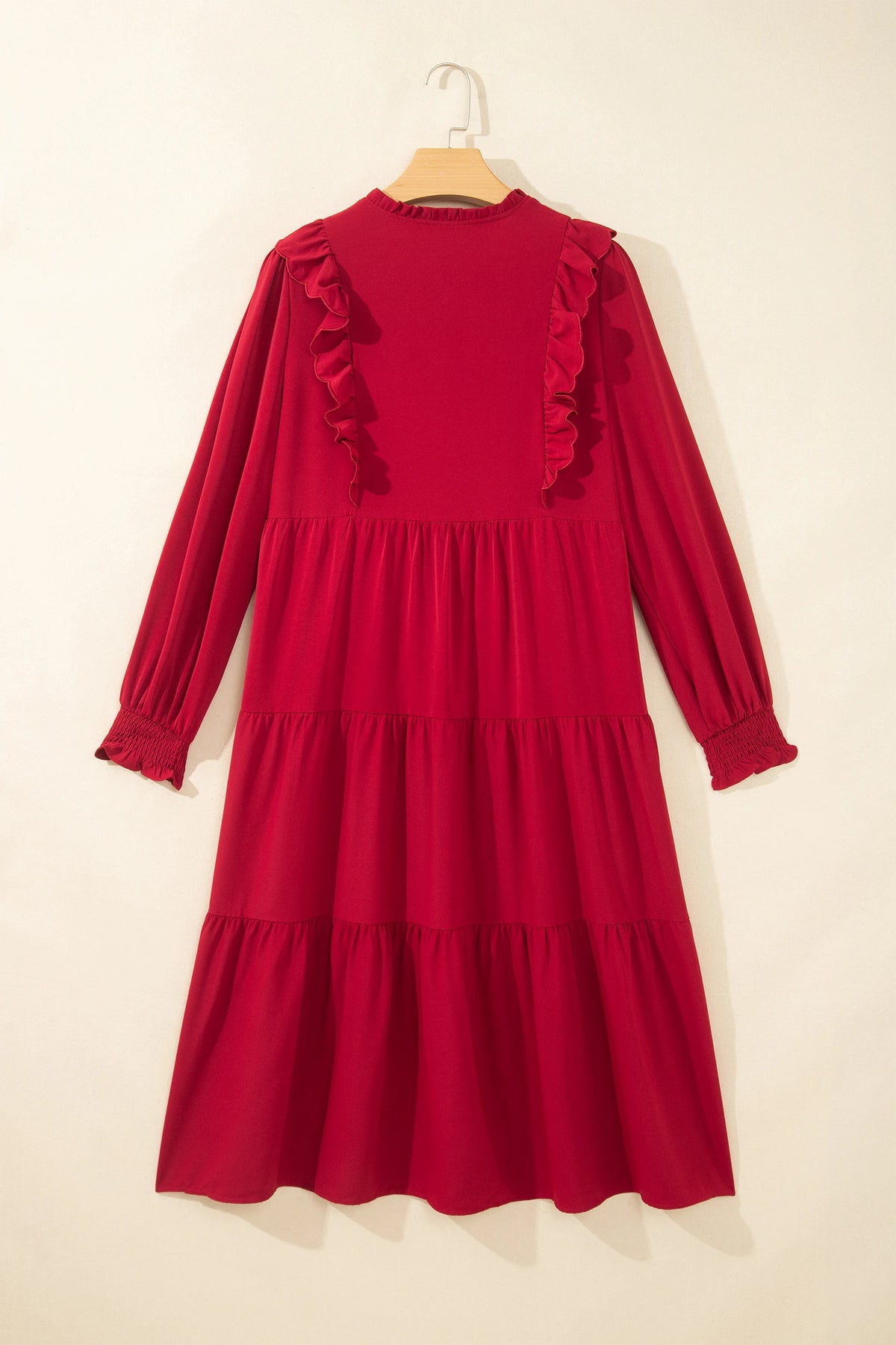 Solid Ruffle Trim Long Sleeve Tiered Midi Dress