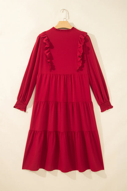 Solid Ruffle Trim Long Sleeve Tiered Midi Dress
