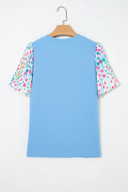 Floral Patchwork Bubble Sleeve Textured Blouse