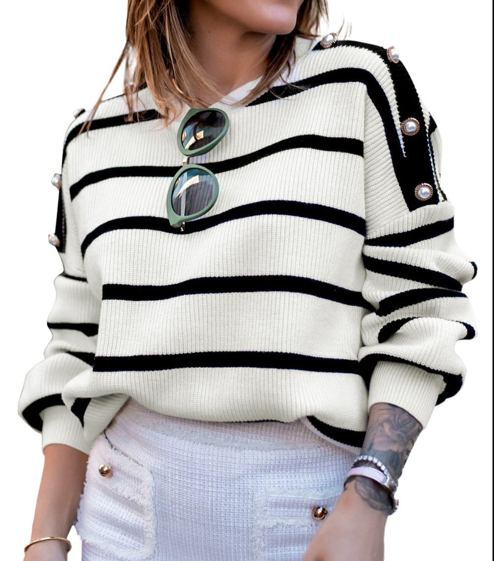 Stripe Buttoned Decor Sweater